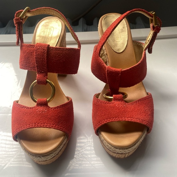 Orange, suede, platform summer shoe with rope piping. - Picture 1 of 4